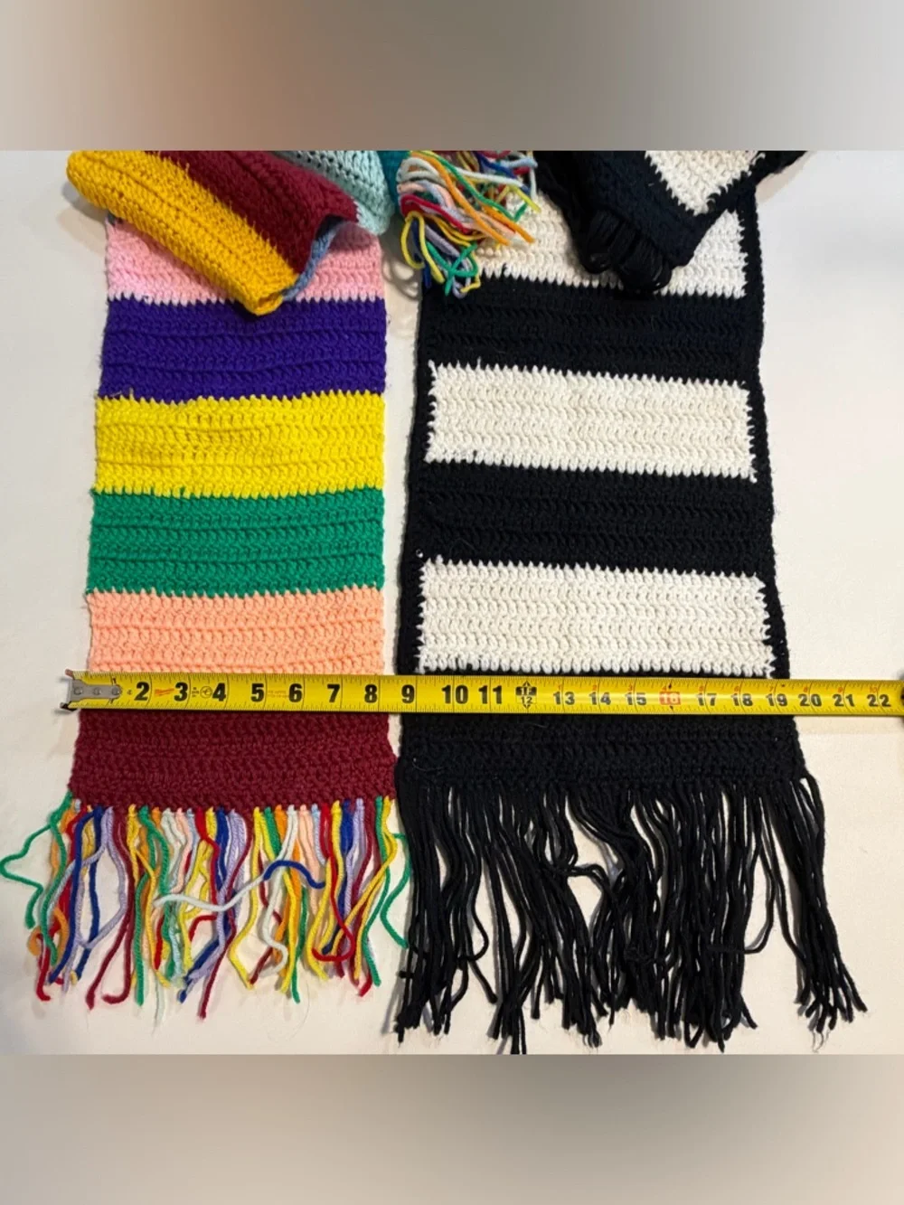 Crochet‎ scarf set long fringe rainbow multicolor black white stripe bold funky